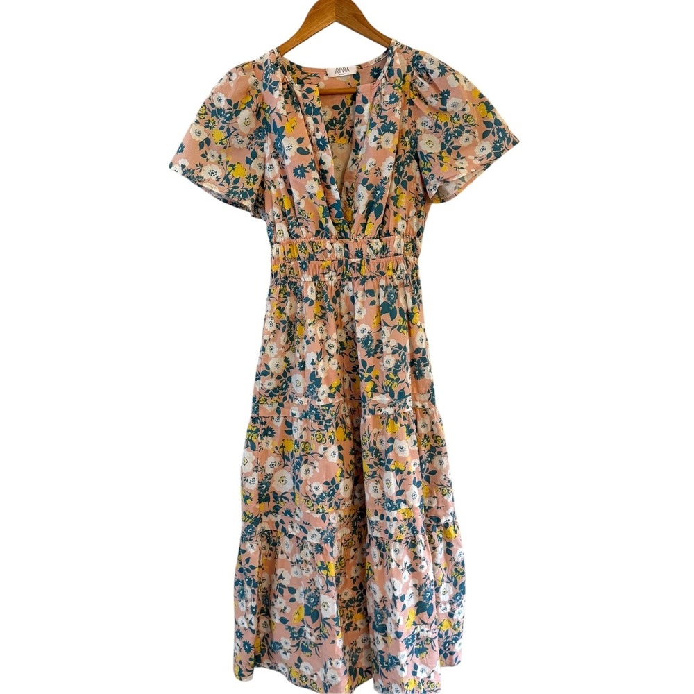 Avara Floral Maxi Dress Womens XS Pink V Neck Fit Flare Cotton Tiered Boho